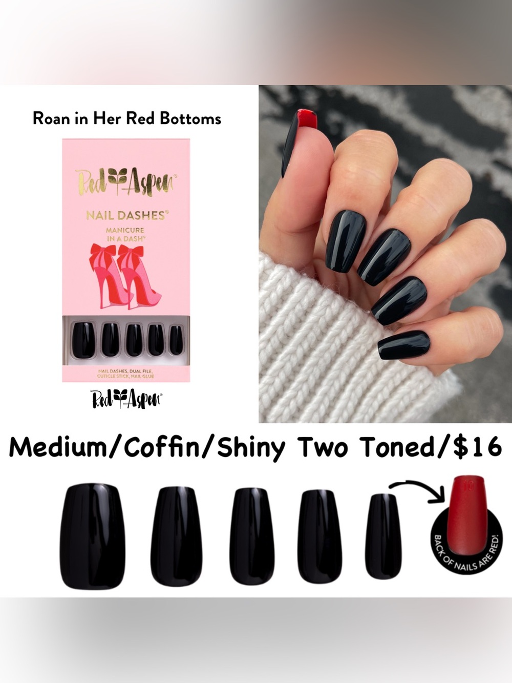 Red Aspen Black Shiny Coffin Press-On Nails - Two-Tone Accent